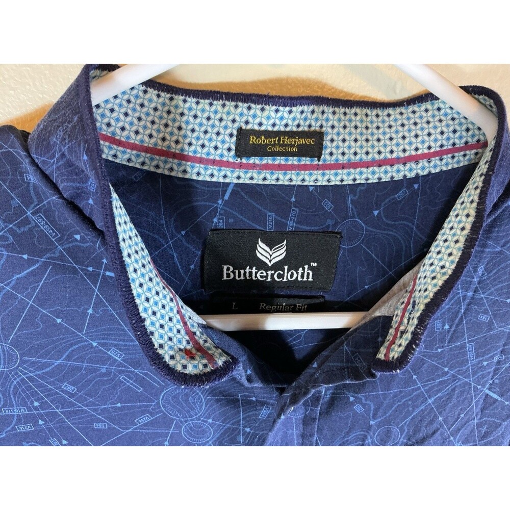 Buttercloth L Men’s Regular Fit Geometric Print Blue Long Sleeve Button-Up Shirt